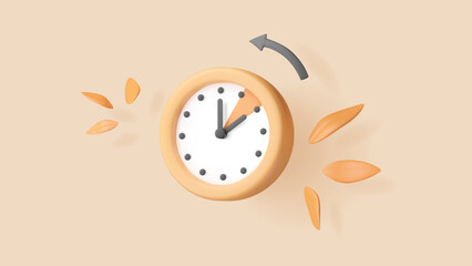 Daylight saving time 3d vector illustration with clock, autumn leaves, and arrow. Reminder banner. Classic object. Watch turning to an hour back. Calendar date.