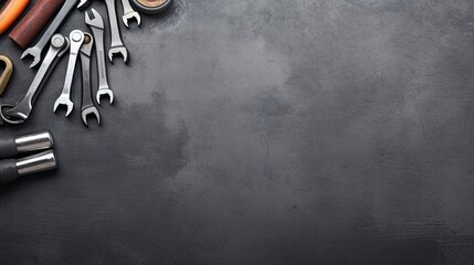 Variety of  tools on black background. Top view with copy space