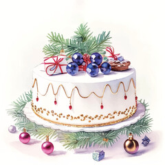 水彩で描いたクリスマスケーキのイラスト Generative AI