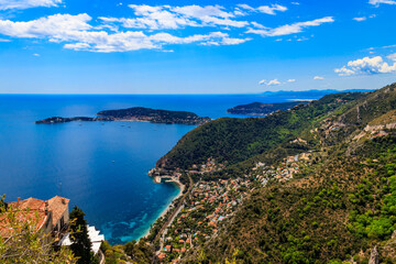 View of the Mediterranean coastline from the top of the Eze village in French Riviera, France