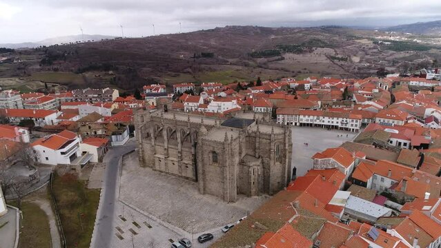 Cathedral and City of Guarda in Portugal Aerial View