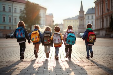 Small children, schoolchildren, pupils, run to the school building for lessons, from the school bus.