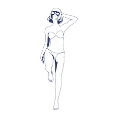 Illustration of a beautiful fashion model posing in a stylish swimsuit wearing sunglasses. Young attractive woman in bikini. Thin line style