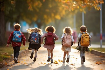 Obraz premium Small children, schoolchildren, pupils, run to the school building for lessons, from the school bus.