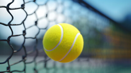Close up of a tennis ball on a net, a tennis court