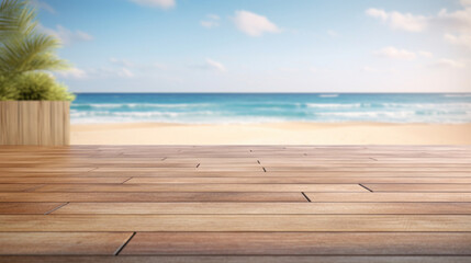 Fototapeta premium Empty wooden deck with blurred beach for product presentation