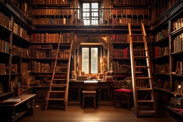 School library, made of wood, in an old, vintage style.