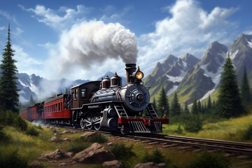 Fototapeta premium A painting of a train on a train track. The locomotive moves among the mountains and beautiful nature along the rails. Smoke from the chimney of a retro train.
