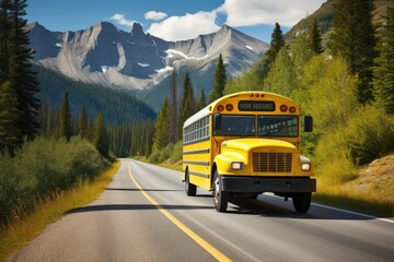 The school bus is driving on a suburban road; beautiful nature in the background.