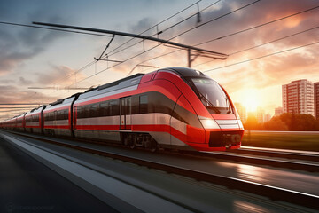 Fototapeta premium A red and white train traveling down train tracks. High-speed suburban train at sunset.