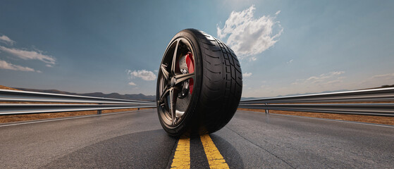 car wheels on the highway. - obrazy, fototapety, plakaty