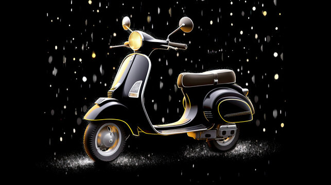 Drawn motor scooter in the rain at night. Conceptual image.