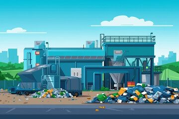 Waste sorting plant. Stylized illustration. conveyors filled with various household waste. Waste disposal and recycling. Waste processing plant.