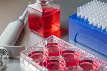 Cell culture media in laboratory for pipet.