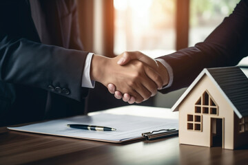 Fototapeta na wymiar Businessmen shaking hands in a real estate agency. The conclusion of a business transaction with real estate. Confirmation of the contract with a handshake. Mortgage. Renting and buying a house.