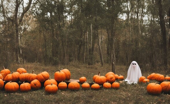 Pumpkins And Ghost On Halloween  In A Field Vintage 