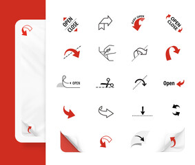 Package corner arrows icons set. Vector illustration. Set for packages, shows opening, closing, tearing and cutting. EPS10.