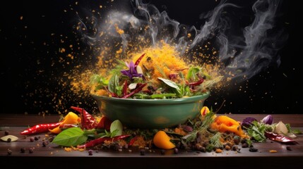 Vibrant herbs and spices exploding from a cooking pot, showcasing seasoning | generative ai