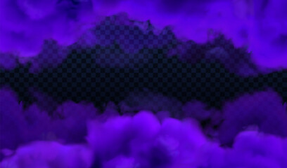 Purple Halloween smoky transparent background. Vector magic fog background isolated. Violet realistic sky cloud effect - 640092726