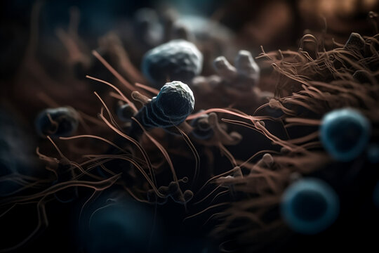 3D scene of microorganisms under a microscope. Science bacteriology, parasites