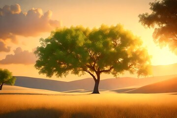 Naklejka na ściany i meble a captivating 3D rendering scene featuring a green tree in a field against the backdrop of a golden sunset. 