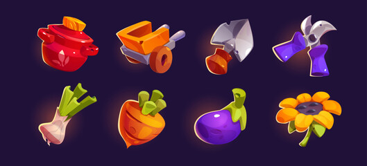 Naklejka premium Ui farm game icon set o gardening tool and vegetable. Isolated cartoon vector food element collection with shovel and secateurs farmer equipment. Glossy and sparkle agriculture clipart for mobile app