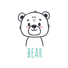 funny bear in cartoon style. Flat animal. Doodle illustration of bear head for cards, magazins, banners. 