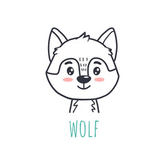 funny wolf in cartoon style. Flat animal. Doodle illustration of wolf head for cards, magazins, banners. 