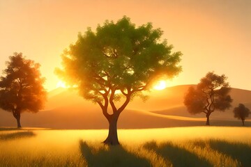 Naklejka na ściany i meble a captivating 3D rendering scene featuring a green tree in a field against the backdrop of a golden sunset. 