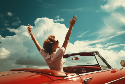 Red Convertible Dream: Woman Reaching for the Sky
