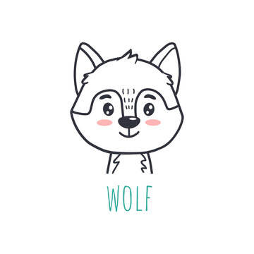 funny wolf in cartoon style. Flat animal. Doodle illustration of wolf head for cards, magazins, banners. 