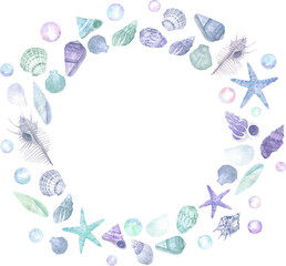 水彩で描いた貝殻のフレーム