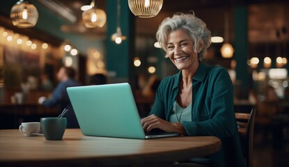 Old granny woman working on laptop computer in cafe at table. Senior adult woman in glasses using laptop.