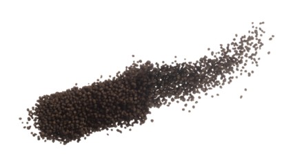 Fertilizer brown chemical accelerate growth fly fall explosion, many tiny ball fertilizer for planting float throw in mid air. White background isolated high speed freeze motion