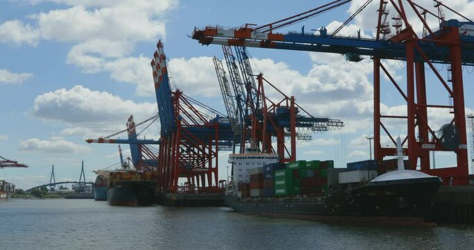 Container ships, Eurogate container terminal, Koehlbrand Bridge, port, Hamburg, Germany, Europe