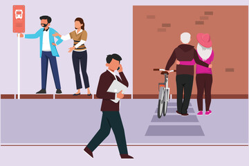 People going along city street. Urban panorama with pedestrians, cyclists, buildings, trees and road. Horizontal cityscape concept. Colored flat vector illustration isolated. 