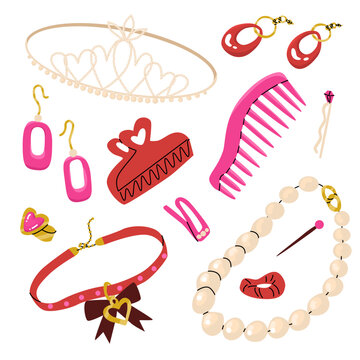 A set of jewelry  and accessories for hair in gold and pink colors. Trend style of a fashionable girl. Barbie core concept. Vector illustration isolated on white background.