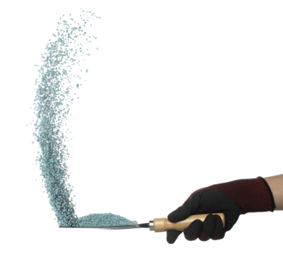 Fertilizer blue chemical accelerate growth fly fall from shovel, many tiny ball fertilizer for planting float throw in mid air. White background isolated high speed freeze motion