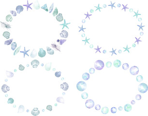 貝殻とヒトデの水彩画フレームセット