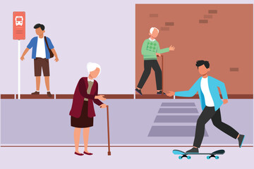 People going along city street. Urban panorama with pedestrians, cyclists, buildings, trees and road. Horizontal cityscape concept. Colored flat vector illustration isolated. 