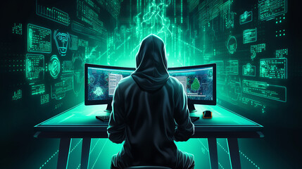 Hacker Engaged in Cybercrime with Generative AI on Futuristic Interface