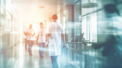 Doctor and nurse people in hospital interior or clinic corridor for background, abstract blurred image, laboratory, science experiment, health care and medical technology concept, Generative AI