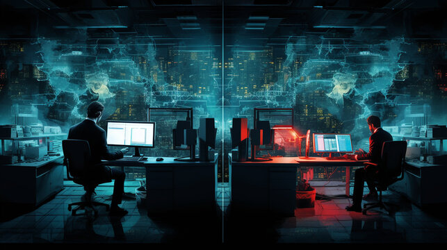 Office Team Responding to a Cyber Attack in Futuristic Setting