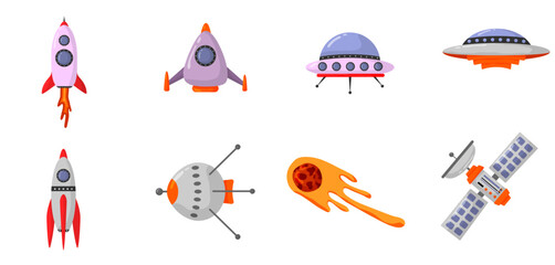 Rocket and alienship elements. Galaxy for design, posters, backgrounds astronaut and space. Planet, comet, galaxy, alienships.