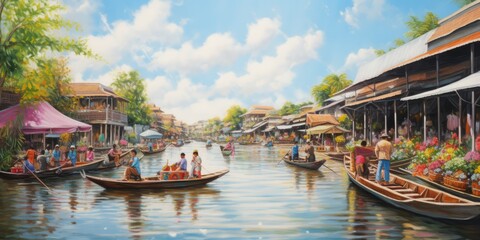 illustration of floating market, generative AI - obrazy, fototapety, plakaty