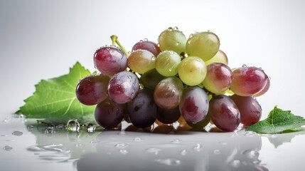 Dark grapes with leaves on grey white background 