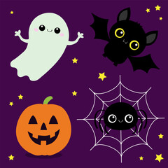 Happy Halloween. Bat, ghost spirit, spider web, pumpkin with face. Cute cartoon kawaii funny baby character set. Yellow stars. Flat design. Violet background. Isolated.