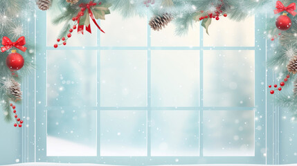 Christmas decorated window with Christmas elements with pastel light blue copy space