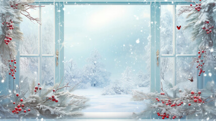 Christmas decorated window with Christmas elements with pastel light blue copy space