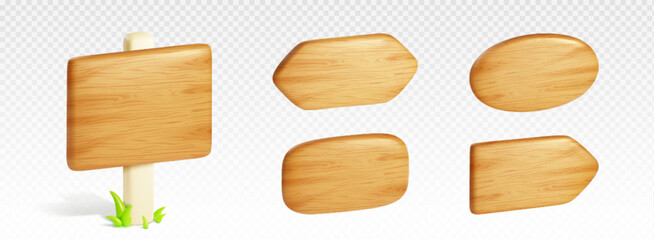 3D wooden signboards set isolated on transparent background. Vector realistic illustration of square and oval nameplates, direction indicators, arrow signs, green grass near pole. Game design element